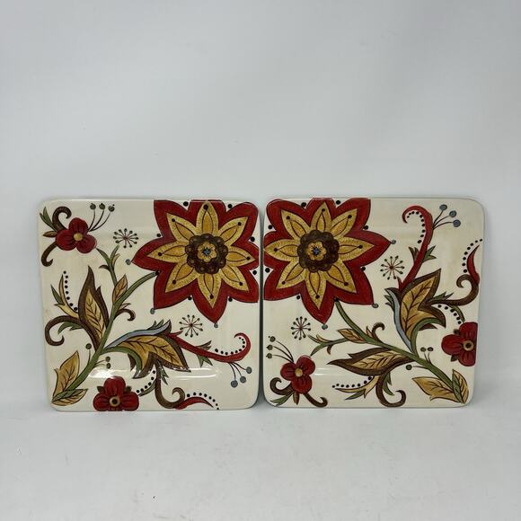 Pier 1 Imports Carynthum Square Salad Plate 8.75" Floral Set of 2 Earthenware ‘ - Picture 1 of 3